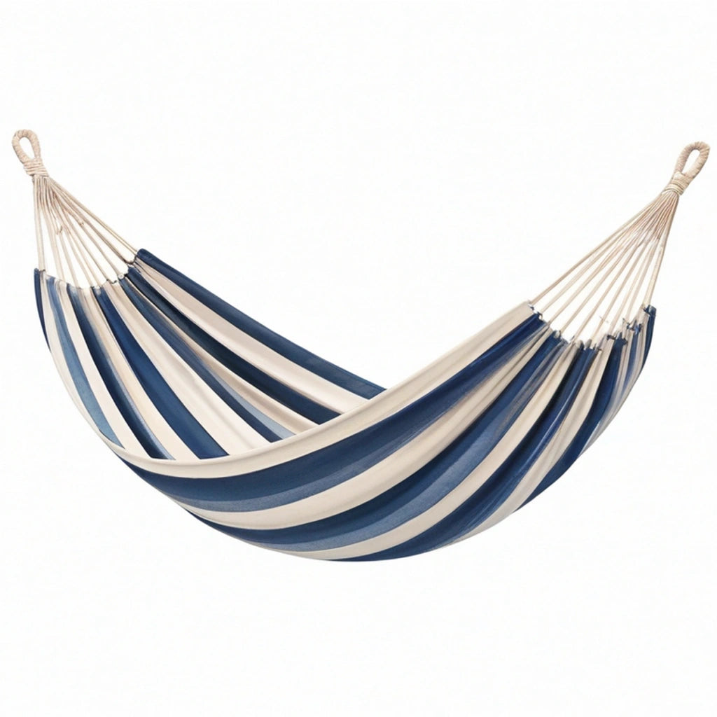 Amaca 300 x 100 cm in tessuto intrecciato blu e bianco - sospesa per relax stile marinaro