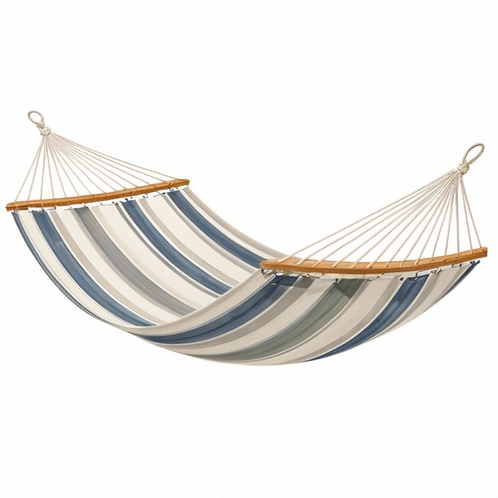 Amaca 200 x 100 cm in cotone blu e bianco con barre in legno per esterno