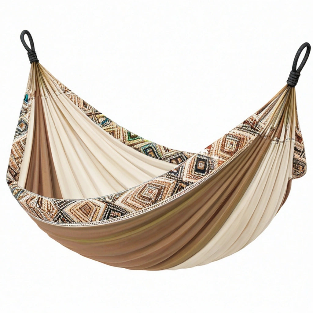 Amaca 200 x 150 cm in tessuto beige e marrone con bordi decorativi per relax