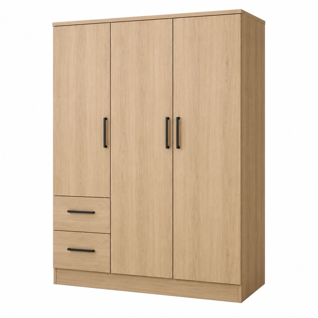 Armadio 3 ante 2 cassetti 120 x 52 x 180 cm effetto rovere con maniglie nere stile moderno