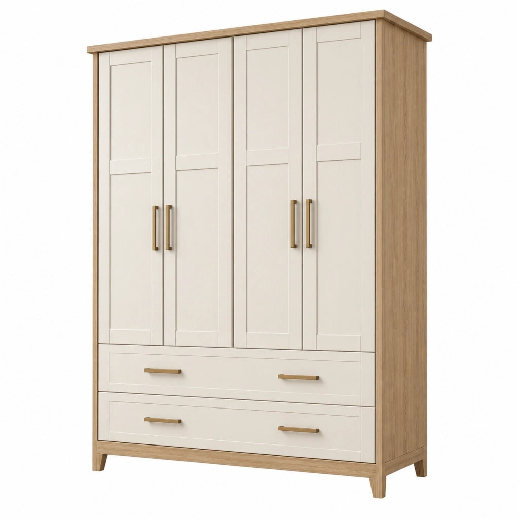 Armadio 120x55x200 cm in legno crema e rovere naturale con 4 ante e 2 cassetti